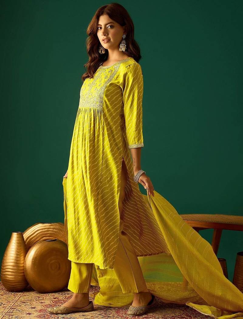 Women Leheriya Printed Empire Thread Work Kurta with Trousers & Dupatta