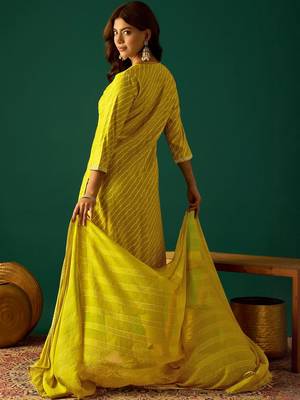 Women Leheriya Printed Empire Thread Work Kurta with Trousers & Dupatta 4