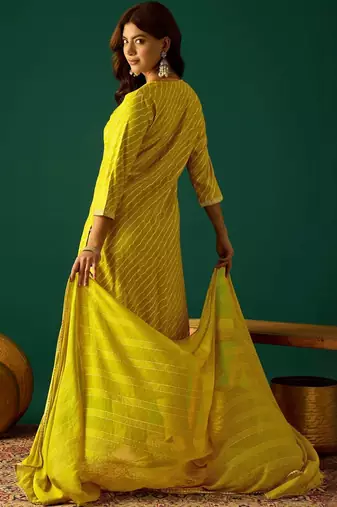 Women Leheriya Printed Empire Thread Work Kurta with Trousers & Dupatta