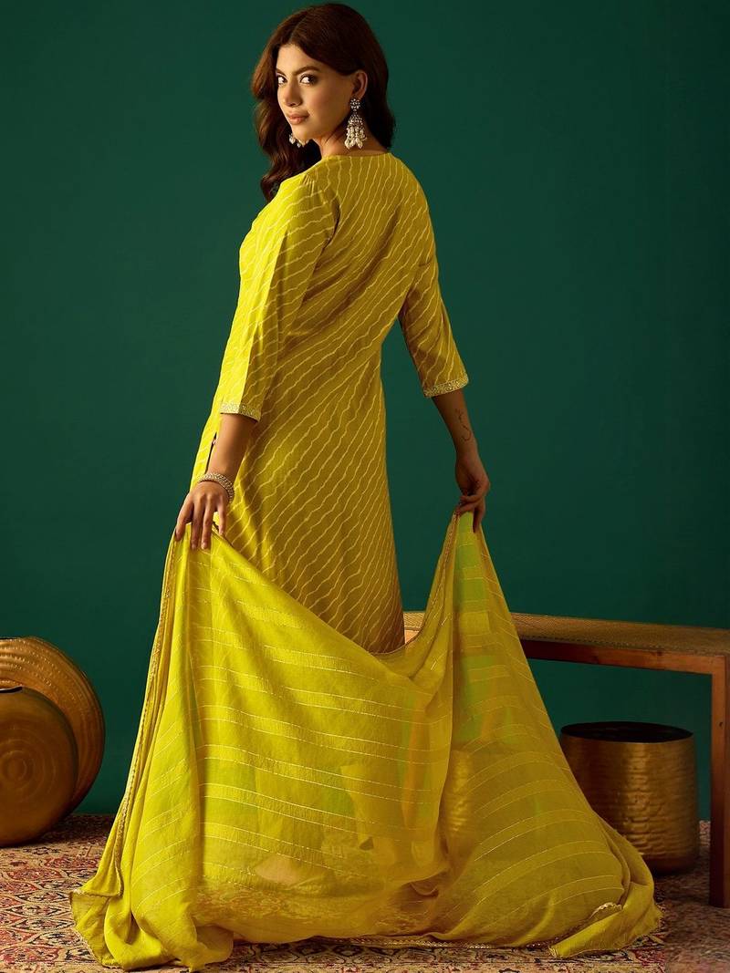 Women Leheriya Printed Empire Thread Work Kurta with Trousers & Dupatta