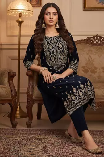 Women Ethnic Motifs Embroidered Regular Thread Work Velvet Kurta with Trousers