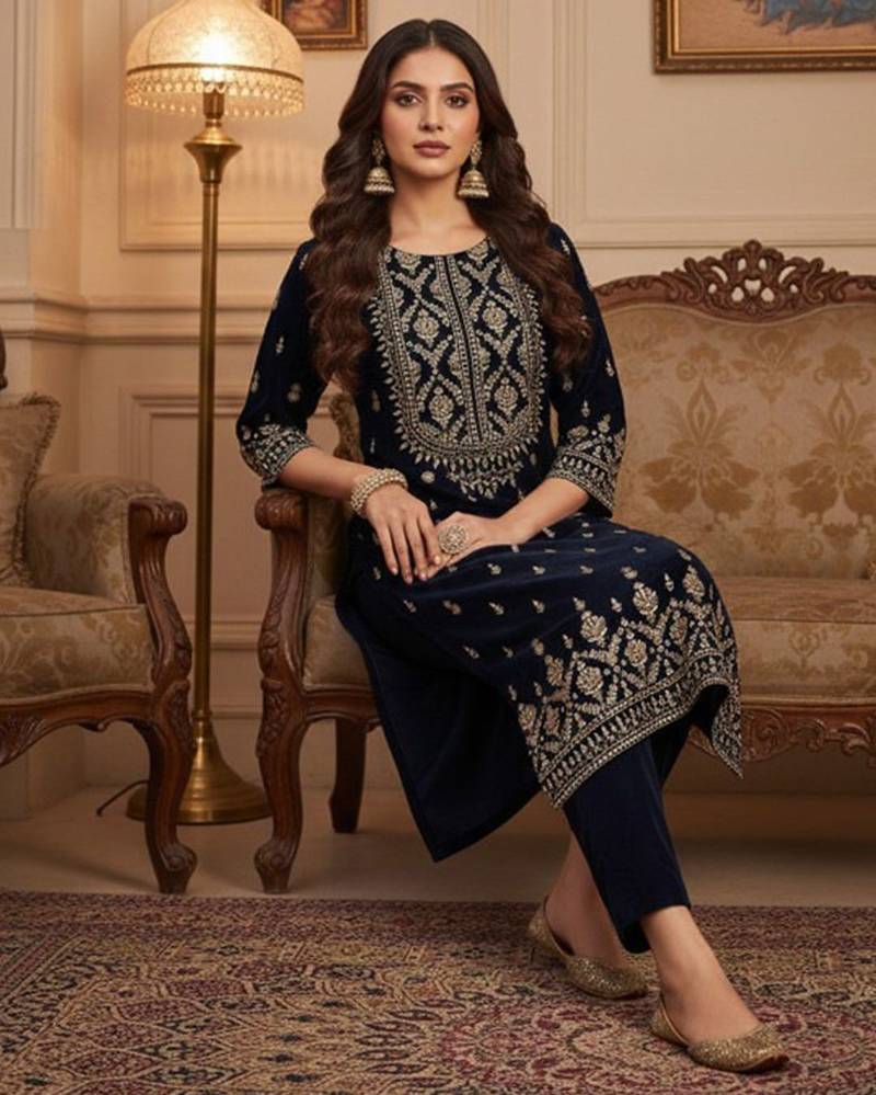 Women Ethnic Motifs Embroidered Regular Thread Work Velvet Kurta with Trousers