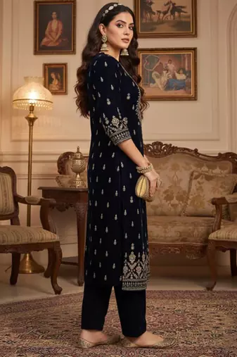 Women Ethnic Motifs Embroidered Regular Thread Work Velvet Kurta with Trousers