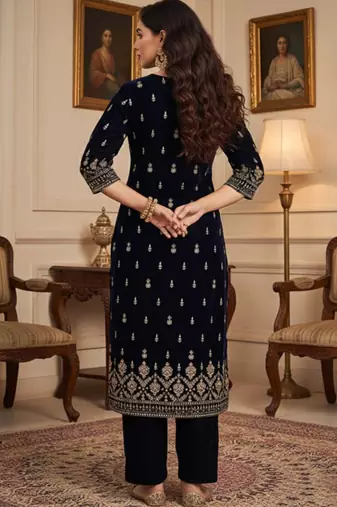 Women Ethnic Motifs Embroidered Regular Thread Work Velvet Kurta with Trousers