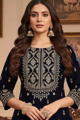 Women Ethnic Motifs Embroidered Regular Thread Work Velvet Kurta with Trousers
