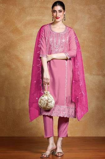 Floral Embroidered Regular Round Neck Straight Kurta With Trousers & Dupatta