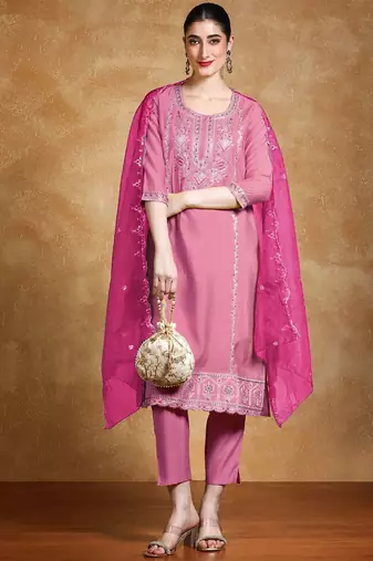 Floral Embroidered Regular Round Neck Straight Kurta With Trousers & Dupatta