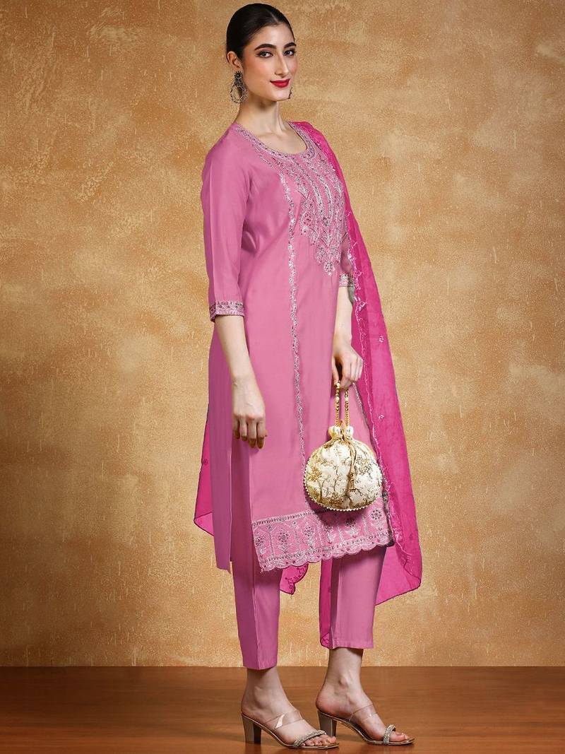 Floral Embroidered Regular Round Neck Straight Kurta With Trousers & Dupatta