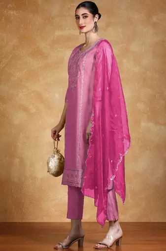Floral Embroidered Regular Round Neck Straight Kurta With Trousers & Dupatta