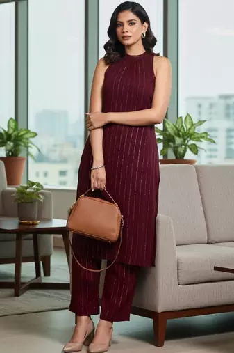 Women Striped Regular Silk Crepe Kurta with Trousers