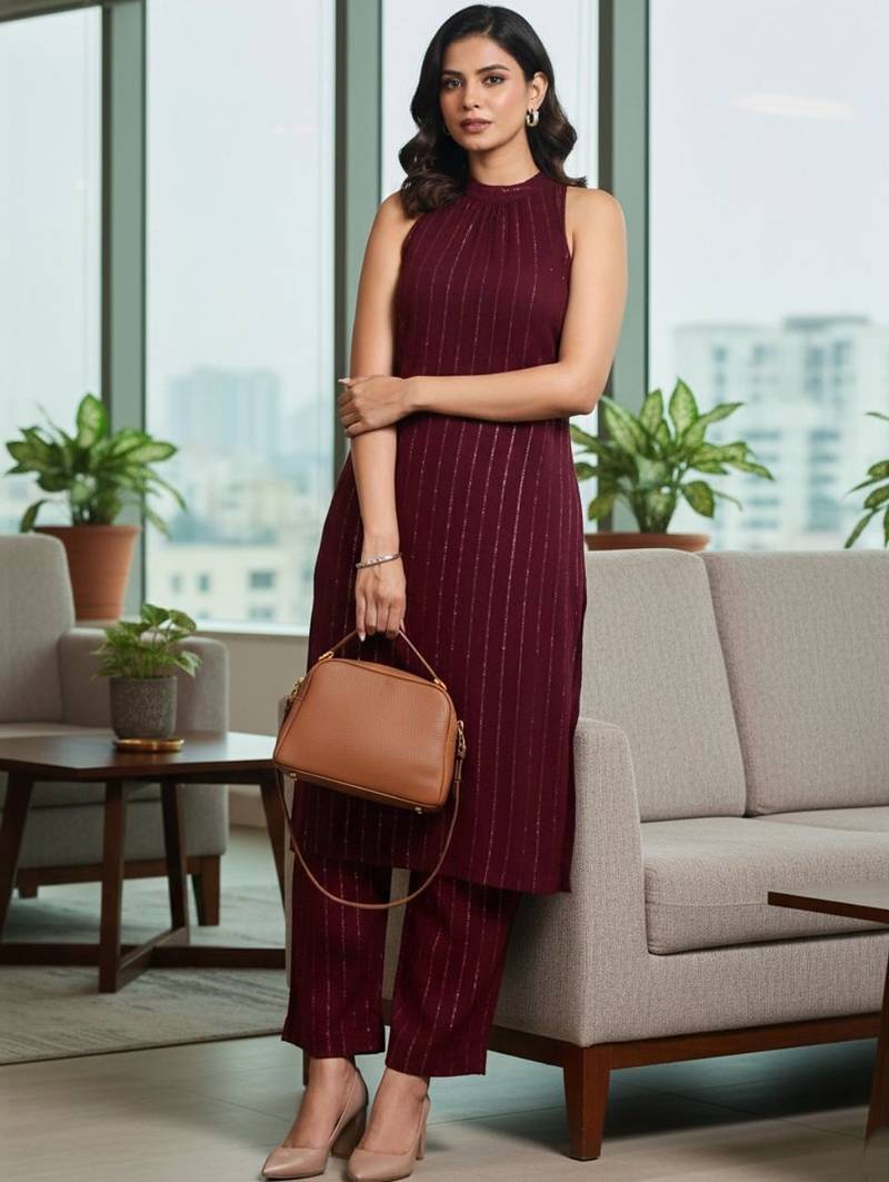 Women Striped Regular Silk Crepe Kurta with Trousers