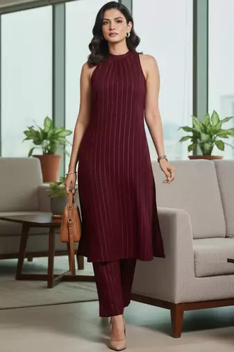 Women Striped Regular Silk Crepe Kurta with Trousers