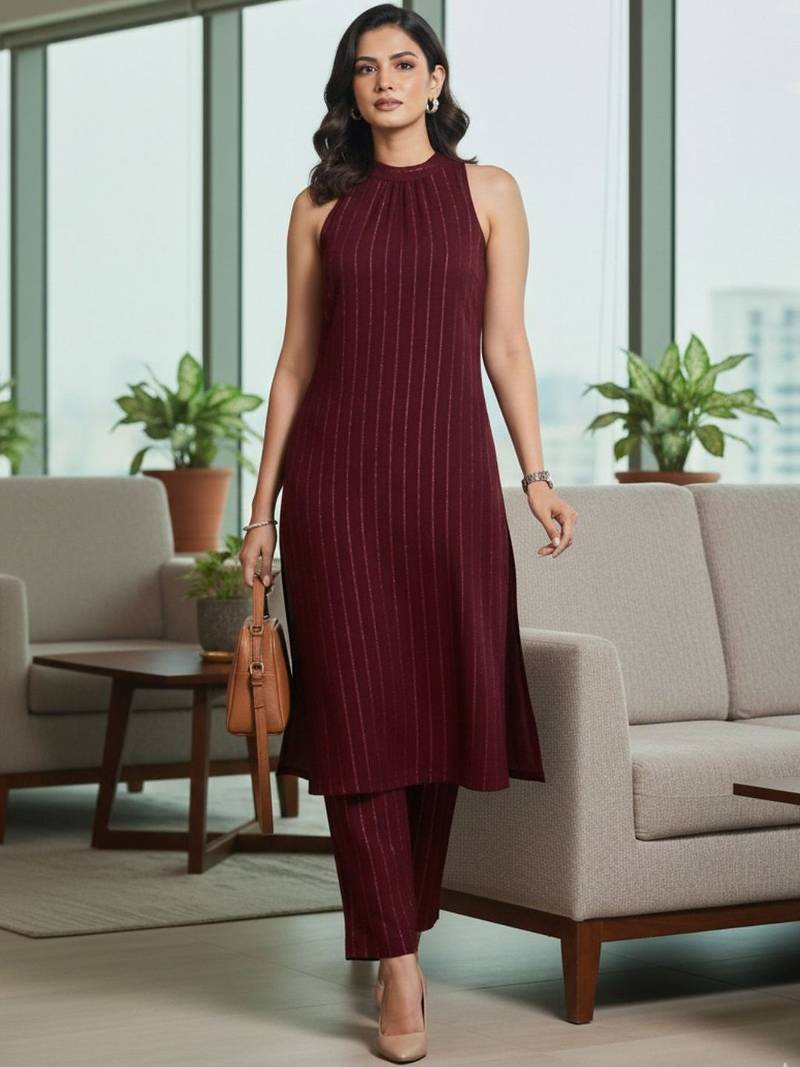 Women Striped Regular Silk Crepe Kurta with Trousers