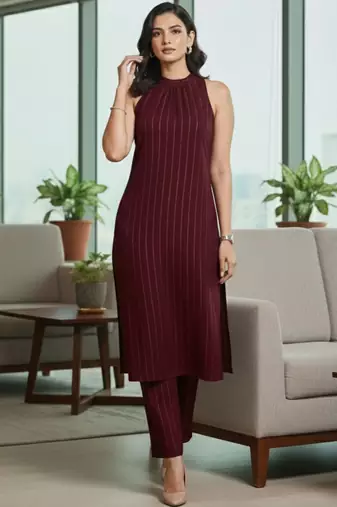 Women Striped Regular Silk Crepe Kurta with Trousers