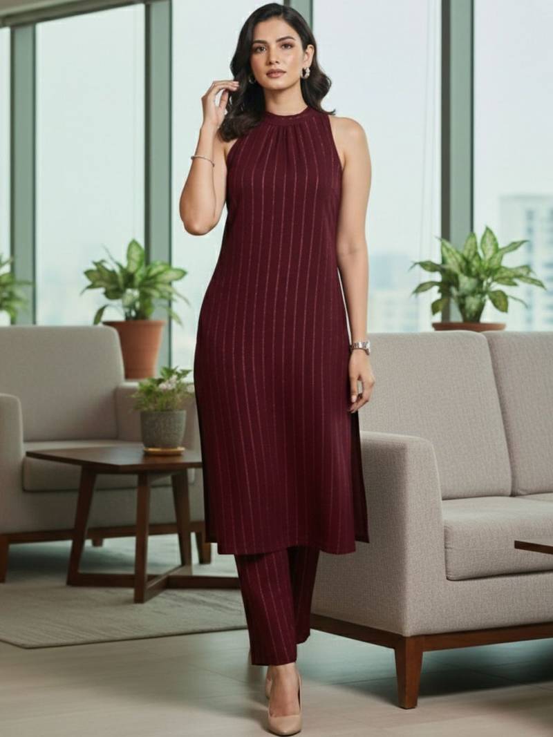 Women Striped Regular Silk Crepe Kurta with Trousers