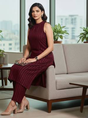 Women Striped Regular Silk Crepe Kurta with Trousers 5