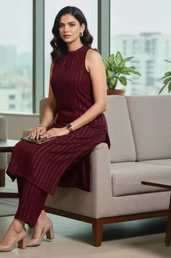 Women Striped Regular Silk Crepe Kurta with Trousers