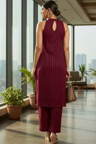 Women Striped Regular Silk Crepe Kurta with Trousers