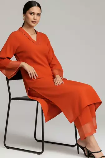 Women Regular Silk Crepe Kurta with Trousers