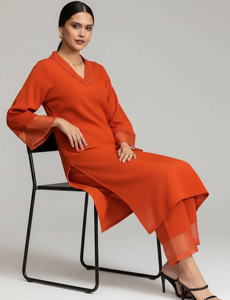 Women Regular Silk Crepe Kurta with Trousers