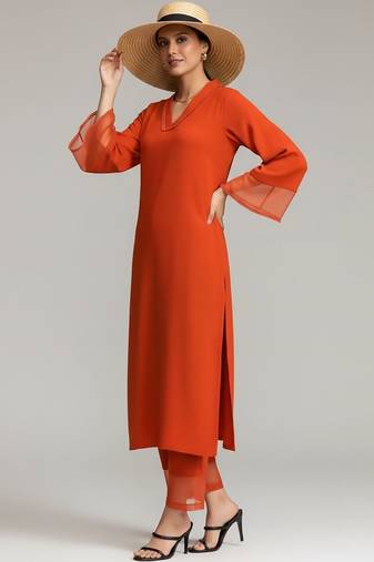 Women Regular Silk Crepe Kurta with Trousers