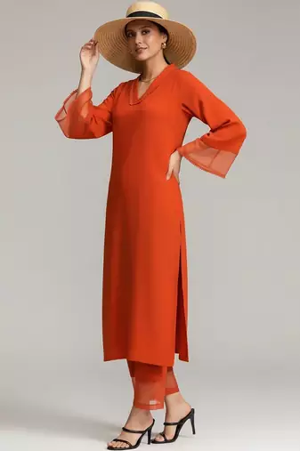 Women Regular Silk Crepe Kurta with Trousers