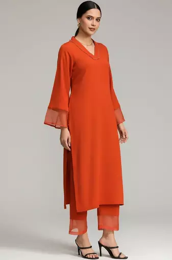 Women Regular Silk Crepe Kurta with Trousers