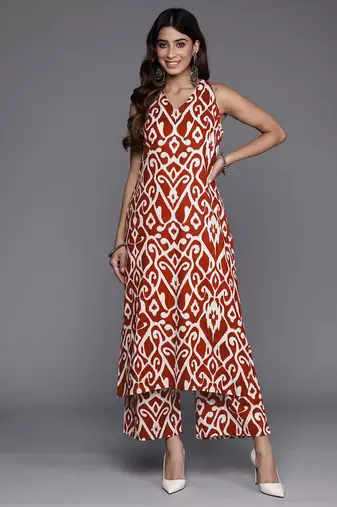 Ethnic Motifs Printed V-Neck Sleeveless Pure Cotton Straight Kurta With Palazzo