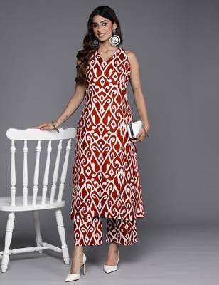 Ethnic Motifs Printed V-Neck Sleeveless  Cotton Straight Kurta With Palazzo 4