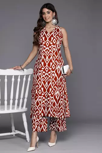 Ethnic Motifs Printed V-Neck Sleeveless Pure Cotton Straight Kurta With Palazzo