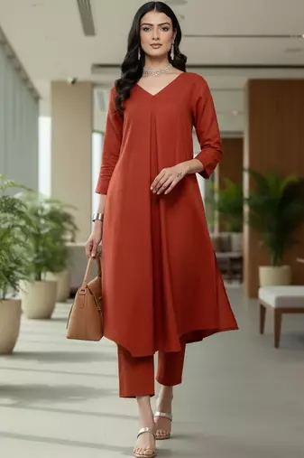 Women Dyed Pleated Kurta with Trousers