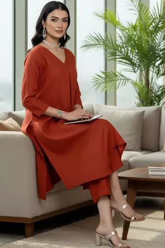 Women Dyed Pleated Kurta with Trousers