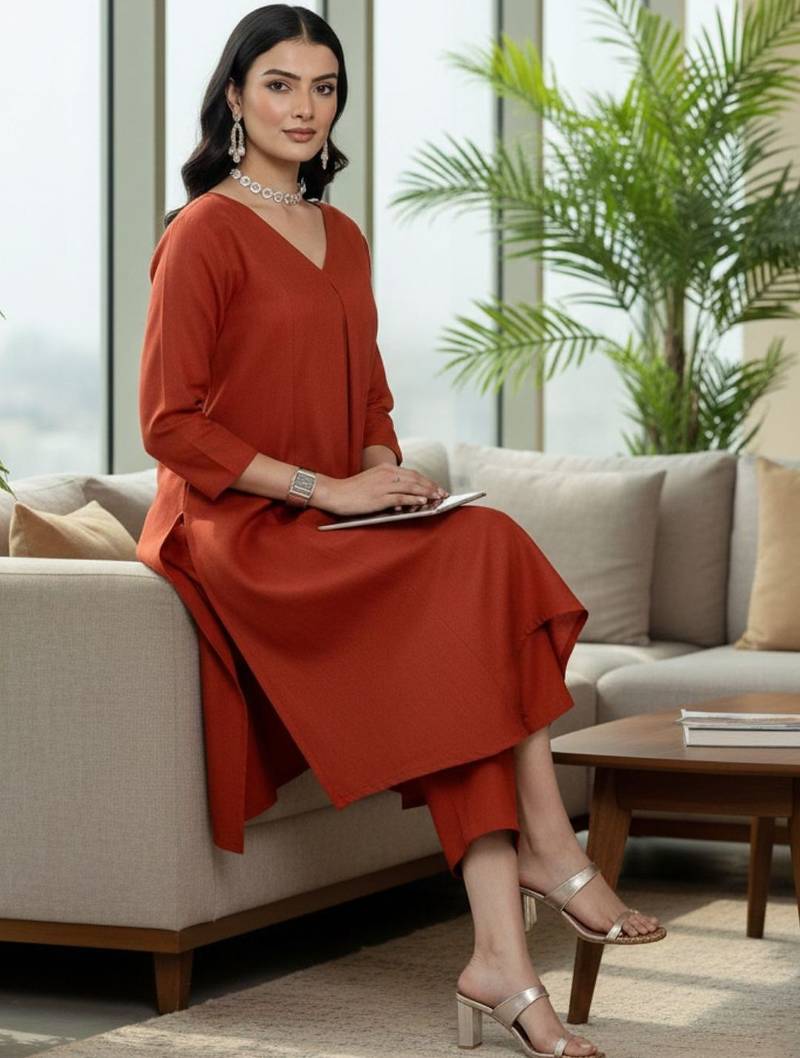 Women Dyed Pleated Kurta with Trousers
