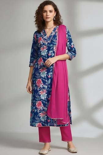 Women Floral Printed Regular Kurta with Trousers & With Dupatta