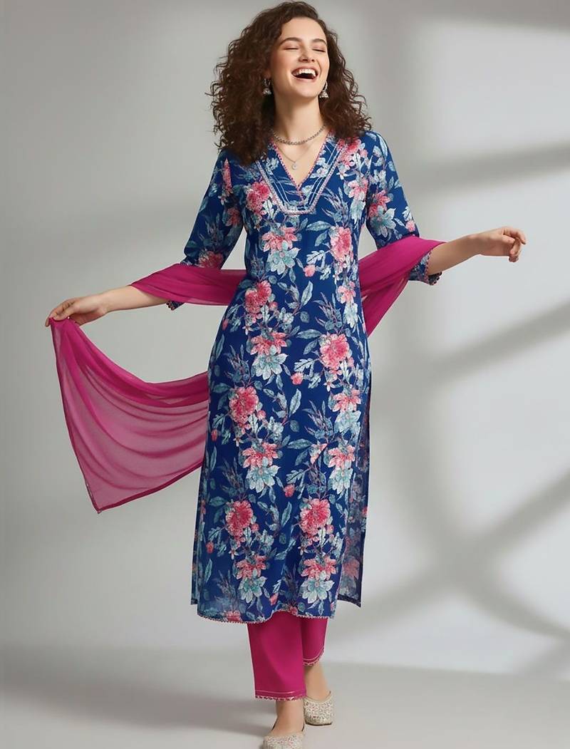 Women Floral Printed Regular Kurta with Trousers & With Dupatta