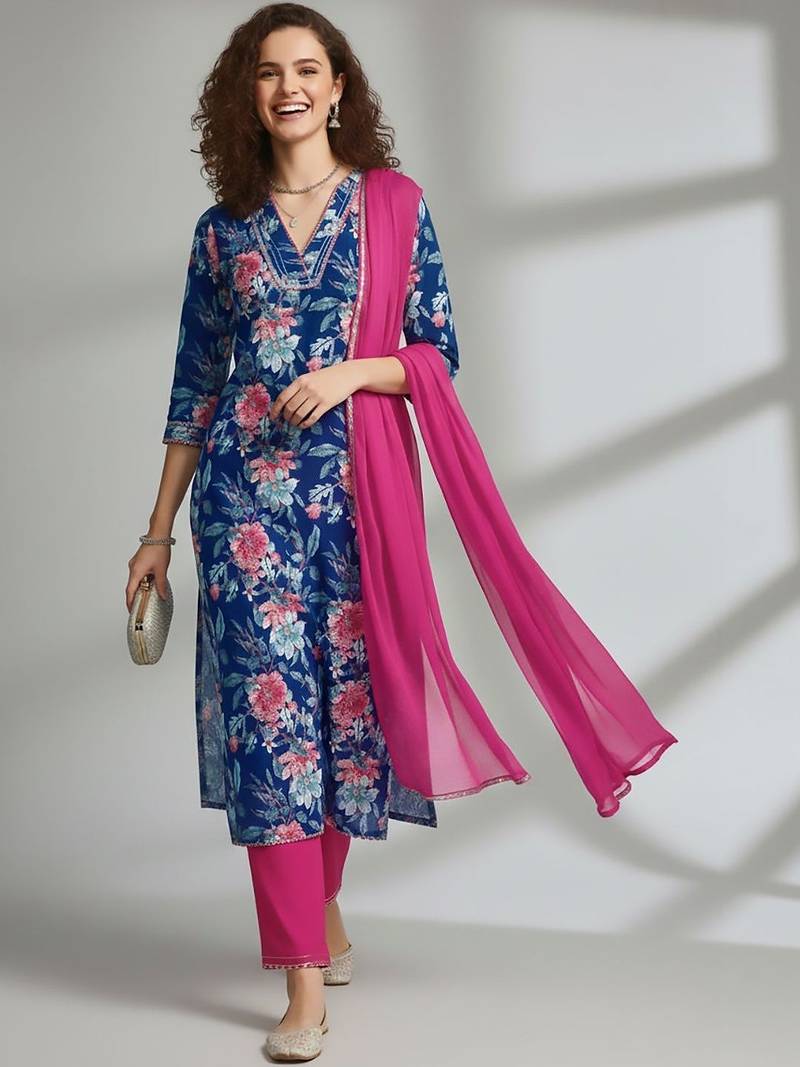 Women Floral Printed Regular Kurta with Trousers & With Dupatta