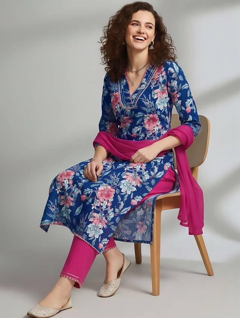 Women Floral Printed Regular Kurta with Trousers & With Dupatta