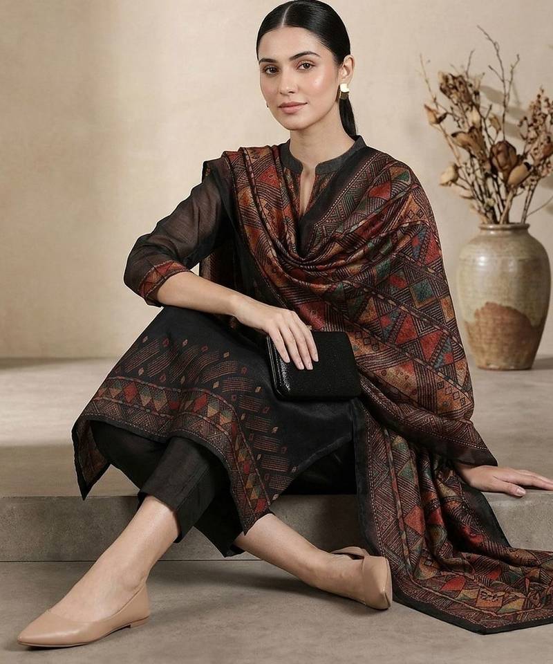 Women Printed Regular Chanderi Silk Kurta with Trousers & With Dupatta