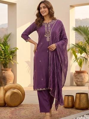 Women Ethnic Motifs Embroidered Regular Thread Work Kurta with Trousers & With Dupatta 1