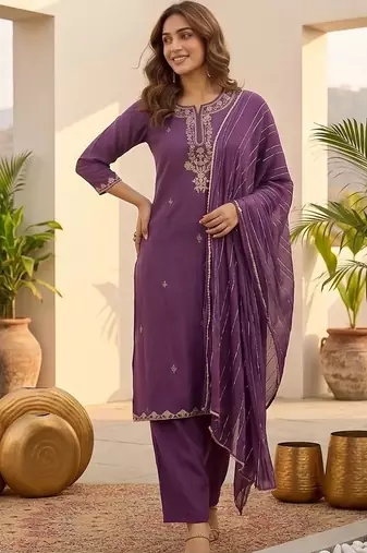 Women Ethnic Motifs Embroidered Regular Thread Work Kurta with Trousers & With Dupatta