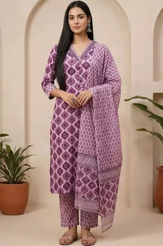 Women Ethnic Motifs Printed Regular Thread Work Pure Cotton Kurta with Trousers & With Dupatta