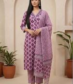 Women Ethnic Motifs Printed Regular Thread Work  Cotton Kurta with Trousers & With Dupatta