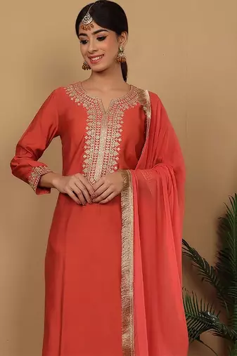 Rust Floral Embroidered Regular Sequinned Straight Kurta With Trouser With Dupatta