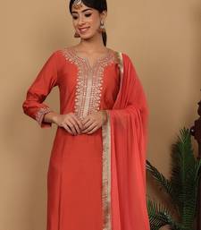 Rust Floral Embroidered Regular Sequinned Straight Kurta With Trouser With Dupatta