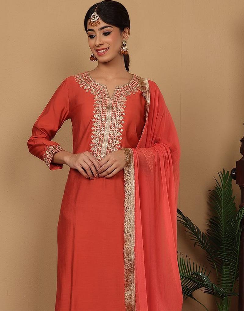 Rust Floral Embroidered Regular Sequinned Straight Kurta With Trouser With Dupatta