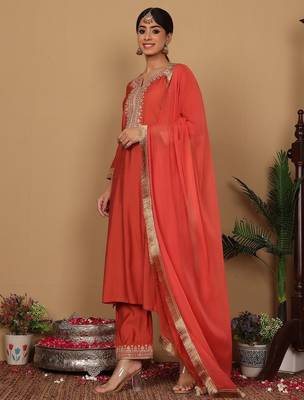 Rust Floral Embroidered Regular Sequinned Straight Kurta With Trouser With Dupatta 1