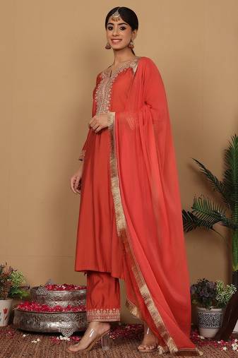 Rust Floral Embroidered Regular Sequinned Straight Kurta With Trouser With Dupatta