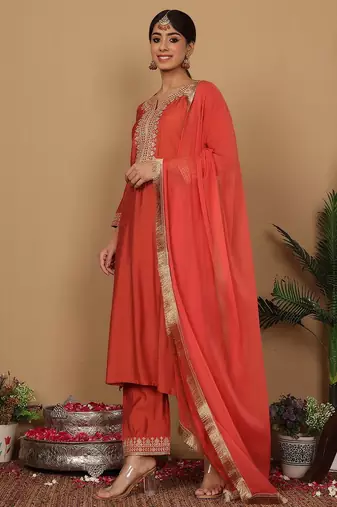 Rust Floral Embroidered Regular Sequinned Straight Kurta With Trouser With Dupatta