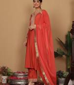 Rust Floral Embroidered Regular Sequinned Straight Kurta With Trouser With Dupatta