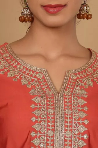 Rust Floral Embroidered Regular Sequinned Straight Kurta With Trouser With Dupatta